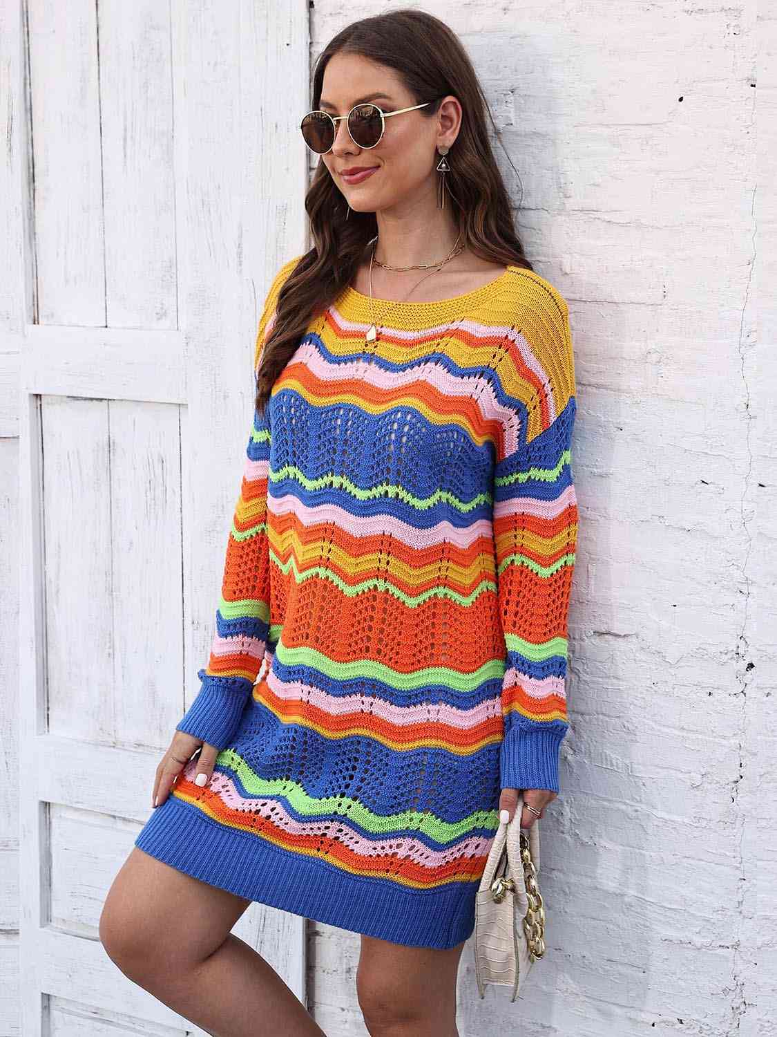 Retro 70s Revival Openwork Knit Long Sleeve Mini Sweater Dress Zigzag Stripe