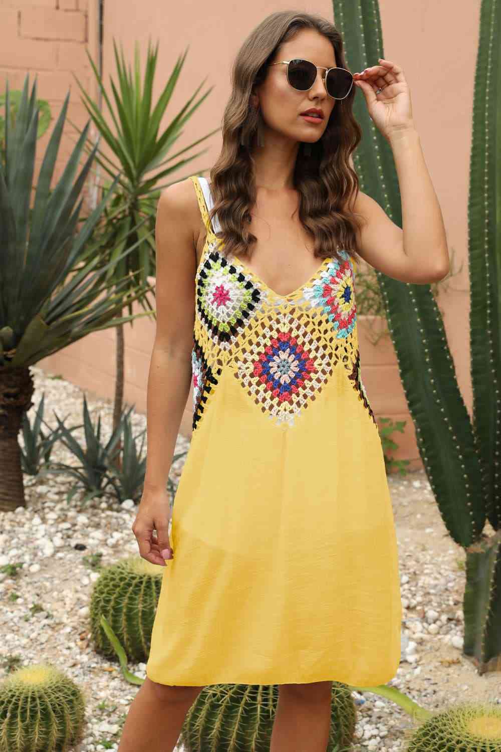 Granny Square Crochet Openwork Retro Swimwear Cover-Up Sleeveless Mini Dress
