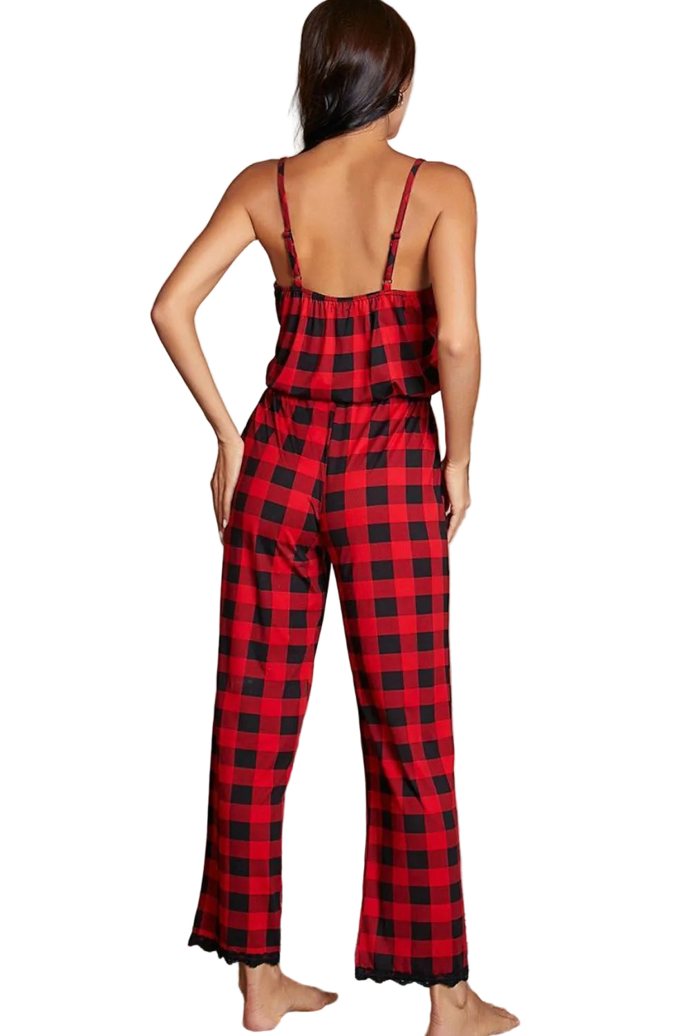 Buffalo Plaid One-Piece Lace Trim Elastic Drawstring Pant Jumpsuit Loungewear Sleepwear Outfit