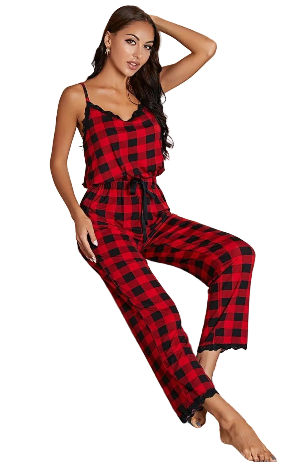 Buffalo Plaid One-Piece Lace Trim Elastic Drawstring Pant Jumpsuit Loungewear Sleepwear Outfit