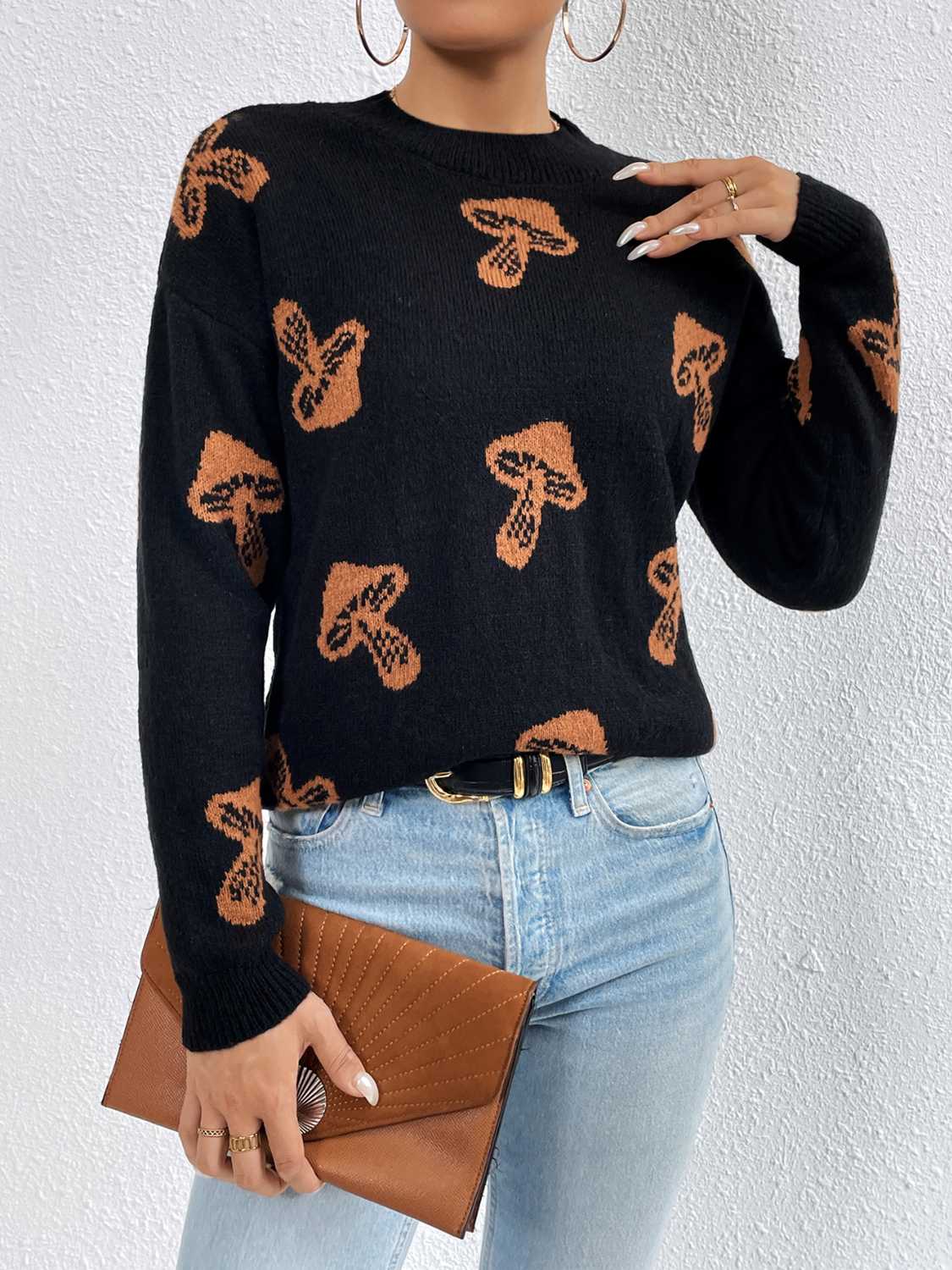 Unique Print Knit Pullover Celestial Mushroom Skull Yin Yang Sweater Shirt