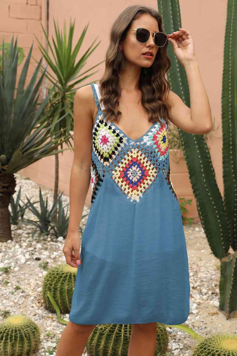 Granny Square Crochet Openwork Retro Swimwear Cover-Up Sleeveless Mini Dress