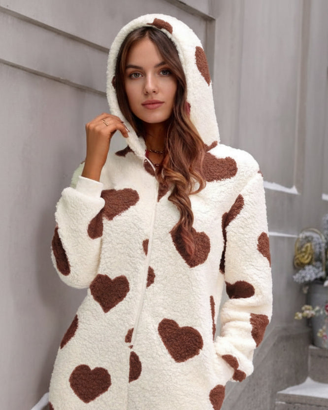 Fuzzy Sherpa Heart Hooded Zip-Up Teddy Sherpa One-Piece Loungewear Jumpsuit