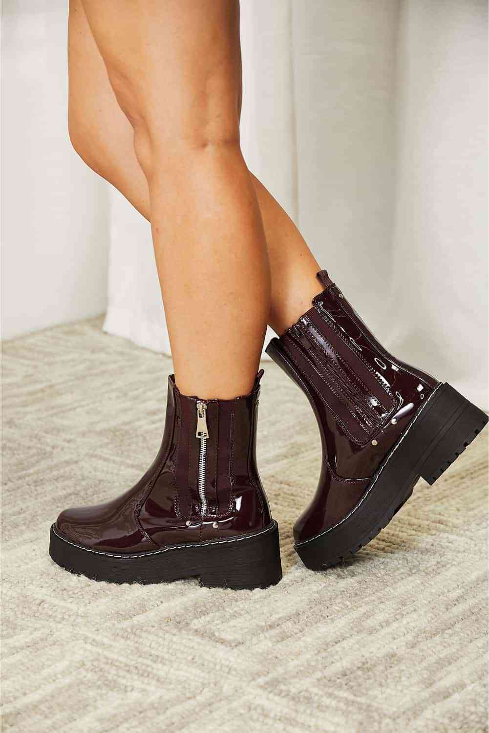 Platform Boots Side Zip Vegan Patent Leather Round Toe Shoes Forever Link