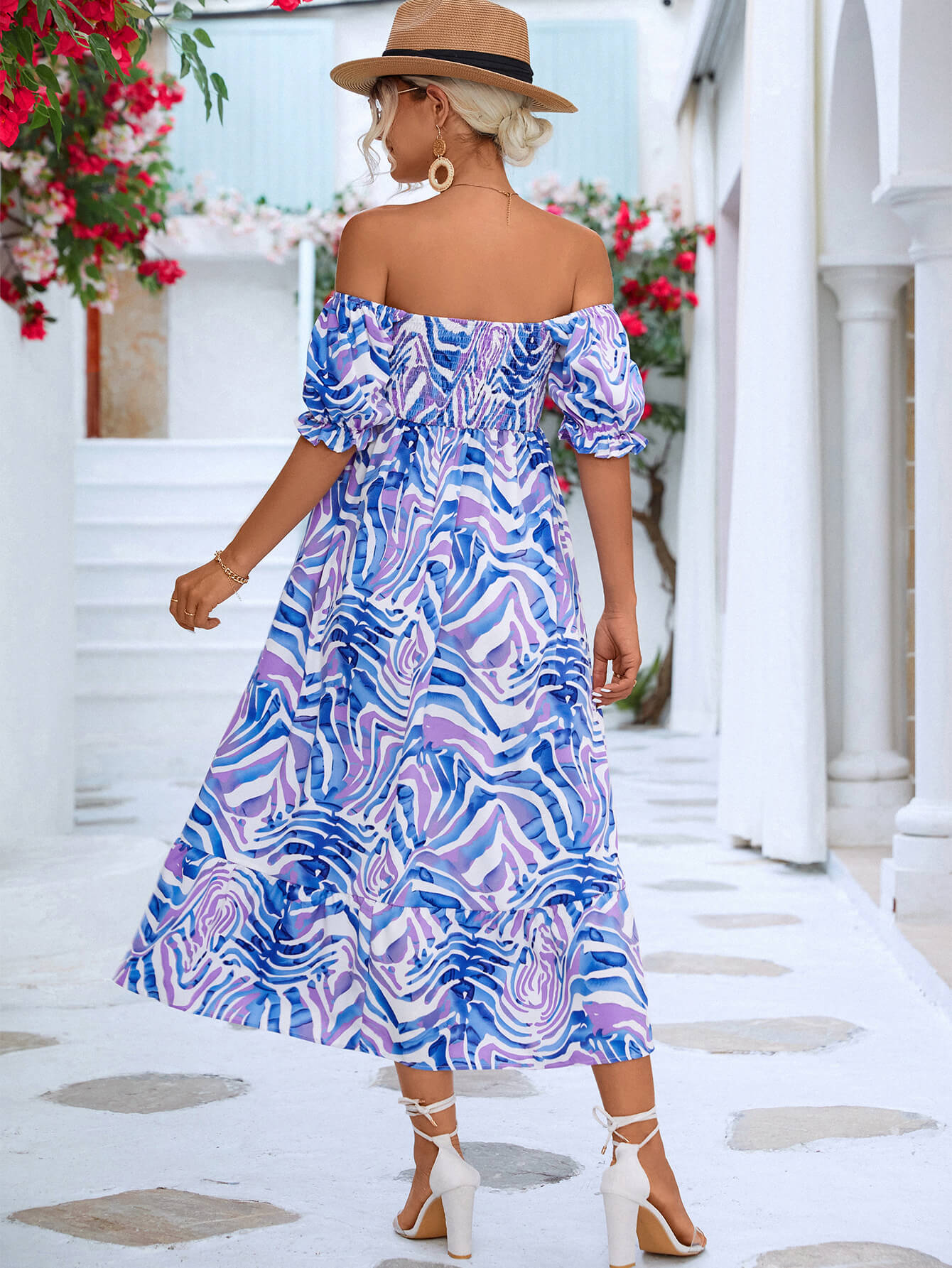 Off The Shoulder Smocked Bodice Flowing Midi Summer Dress