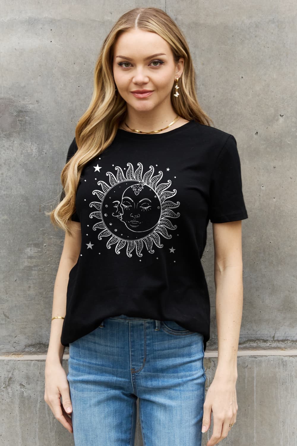 Sun and Moon Face Celestial Spiritual Graphic 100% Cotton Short-sleeve Tee