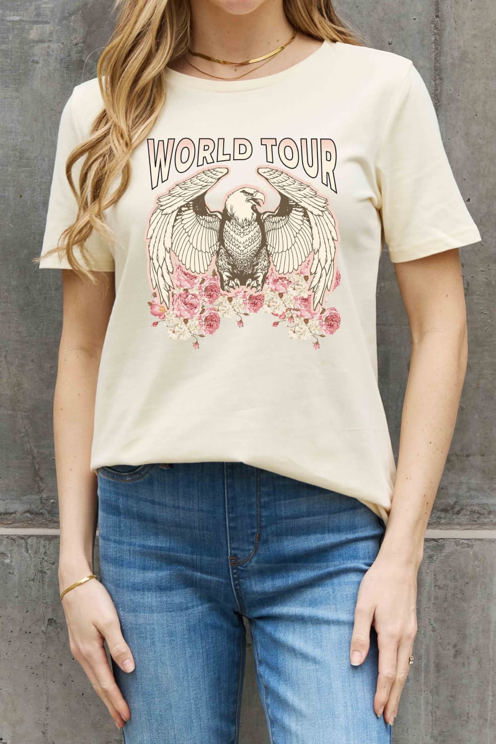 WORLD TOUR Roses American Eagle Graphic 100% Cotton Tee Shirt (Plus Size Available)