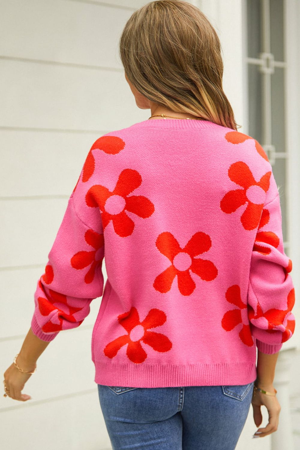 Flower Power Retro Floral Knit Round Neck Long Sleeve Oversized Pullover Sweater