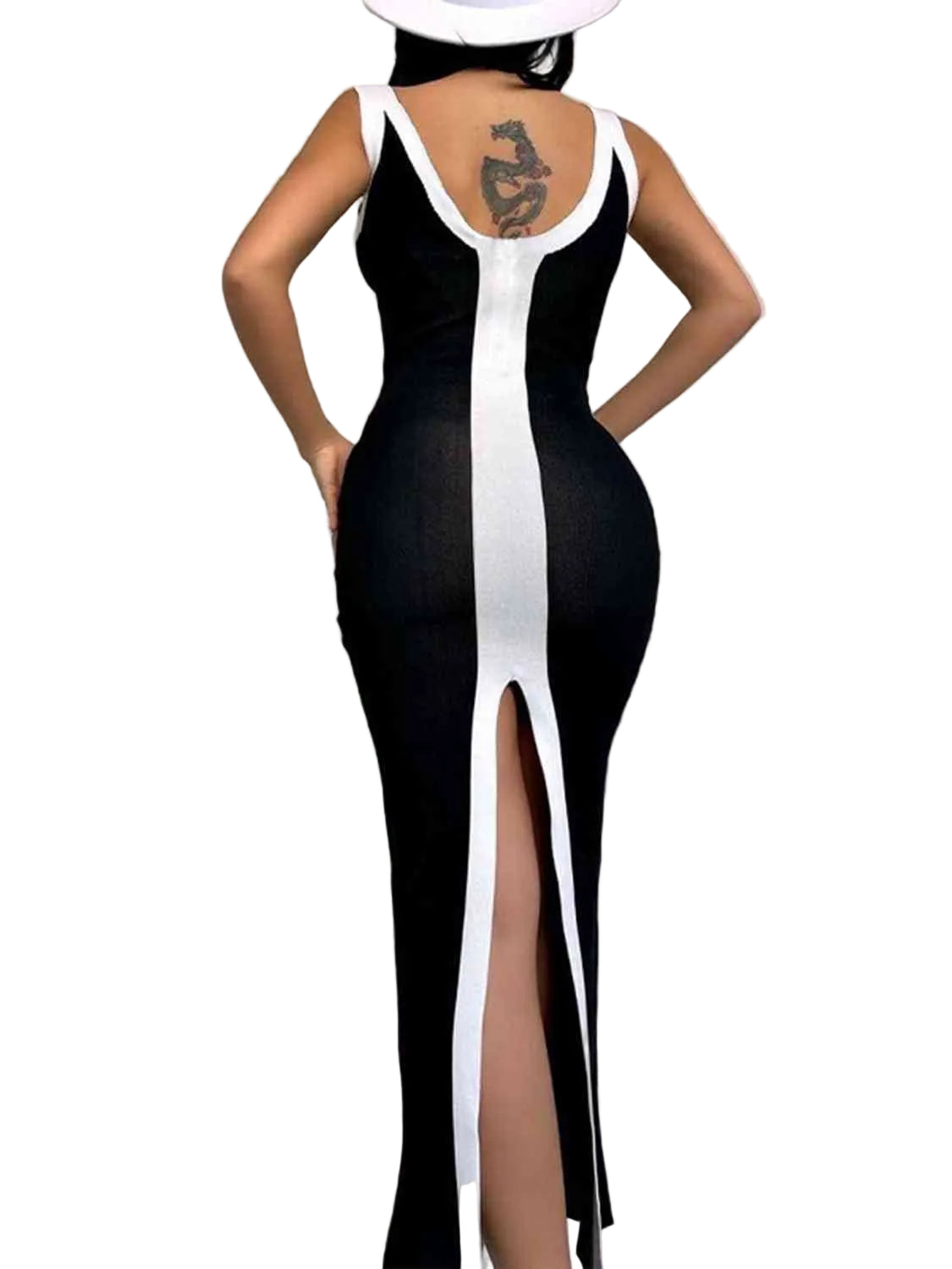 Contrast Colorblock Scoop Neck Fitted Sleeveless Bodycon Back Slit Midi Dress