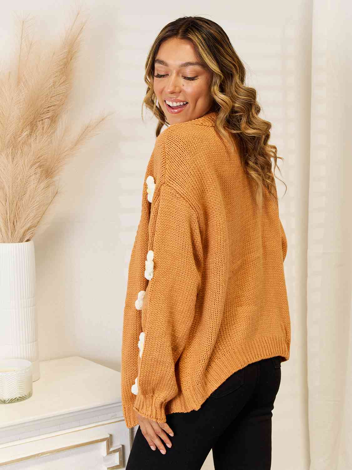 Contrasting 3D Crochet Flower Long Sleeve Open Front Oversized Knit Cardigan