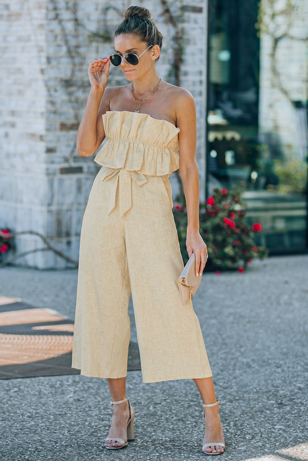 Ruffled 100% Cotton Strapless Wide Leg Tie Back One-piece Jumpsuit