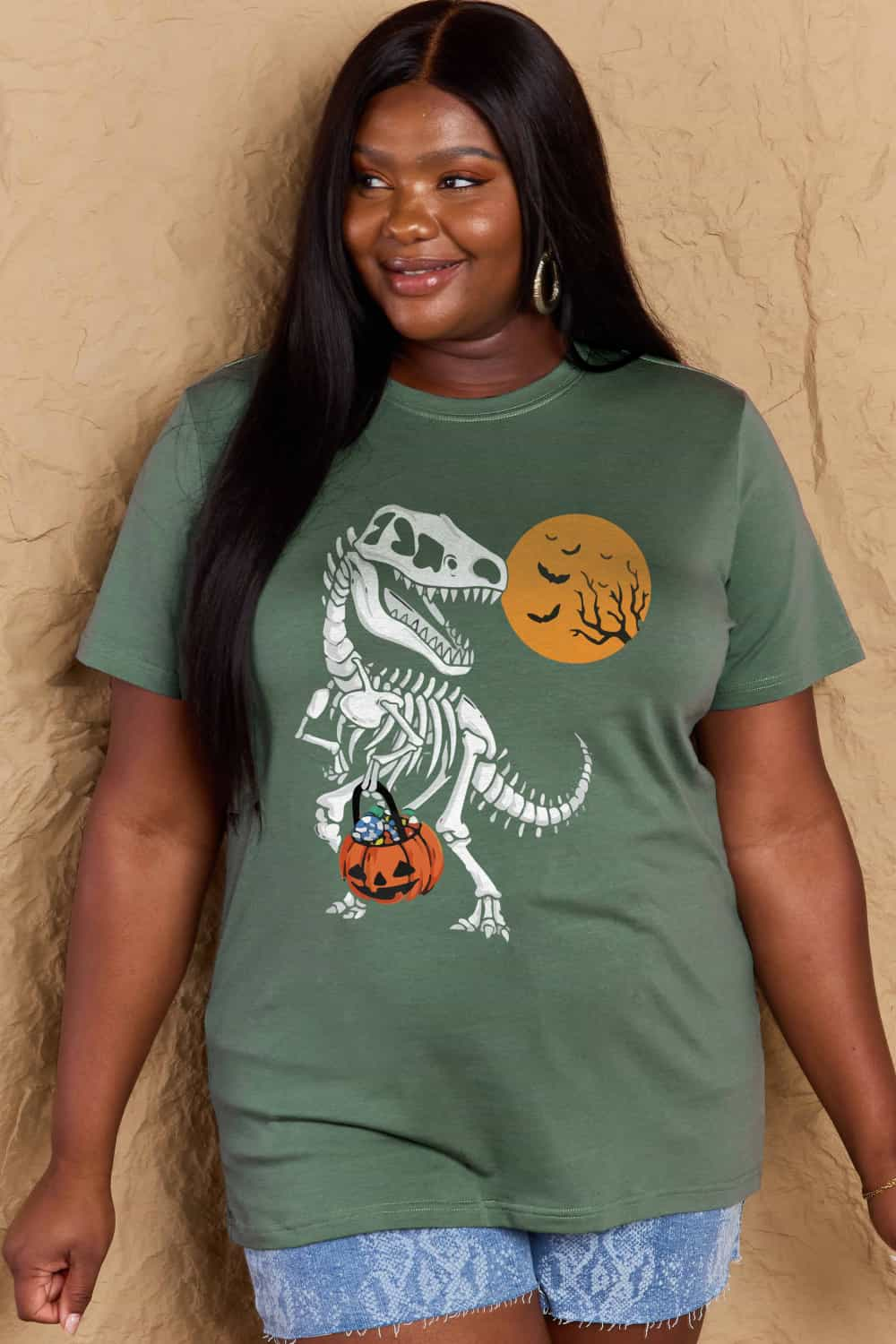 T-Rex Skeleton Trick or Treating Dinosaur Funny Graphic Tee Shirt Halloween Top