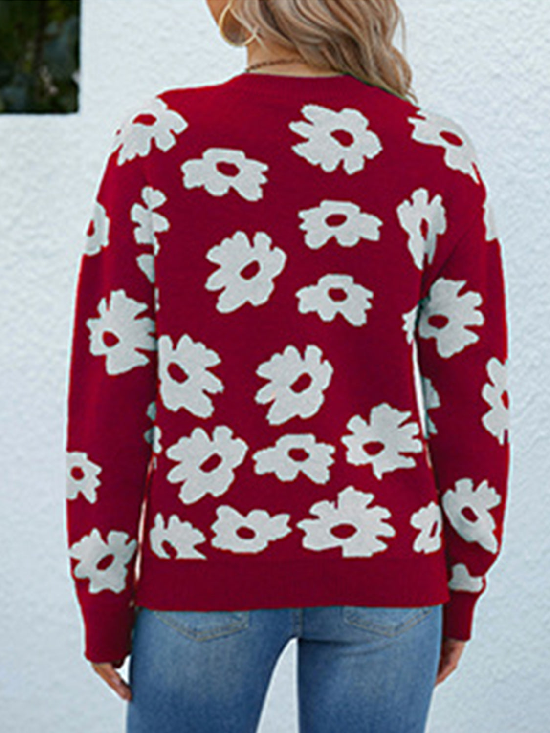 Knit Daisy Retro Flower Pullover Classic Long Sleeve Round Neck Sweater Shirt