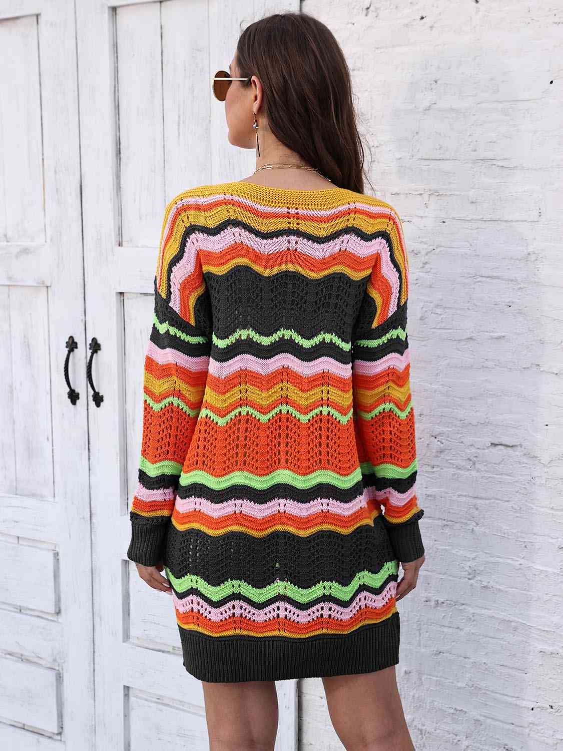 Retro 70s Revival Openwork Knit Long Sleeve Mini Sweater Dress Zigzag Stripe