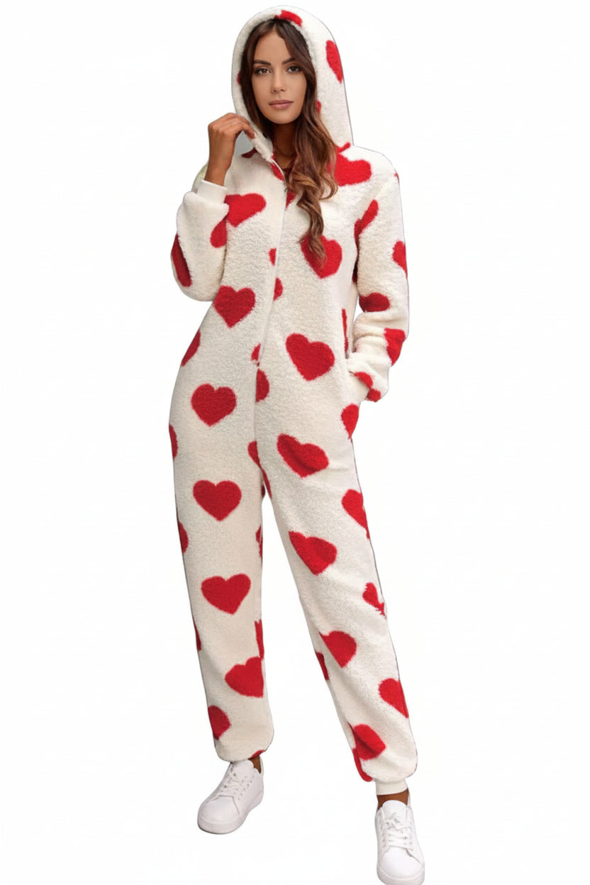 Fuzzy Sherpa Heart Hooded Zip-Up Teddy Sherpa One-Piece Loungewear Jumpsuit