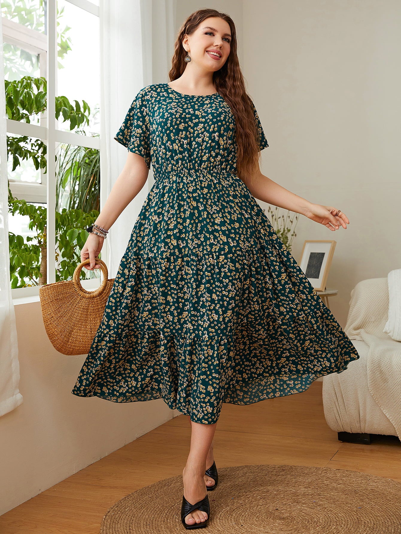 Classy Floral Round Neck Short Sleeve Modest Midi Dress