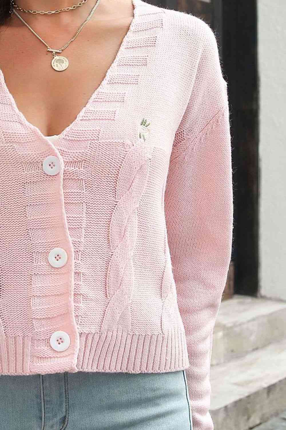 Cropped Cable Knit Embroidered Classic Button Front Retro Long Sleeve Cardigan