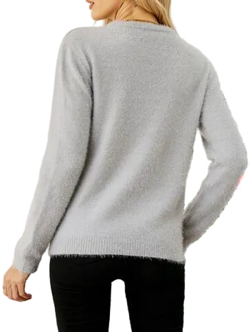 Fuzzy Embroidered Winter Animal Crew Neck Long Sleeve Novelty Holiday Sweater