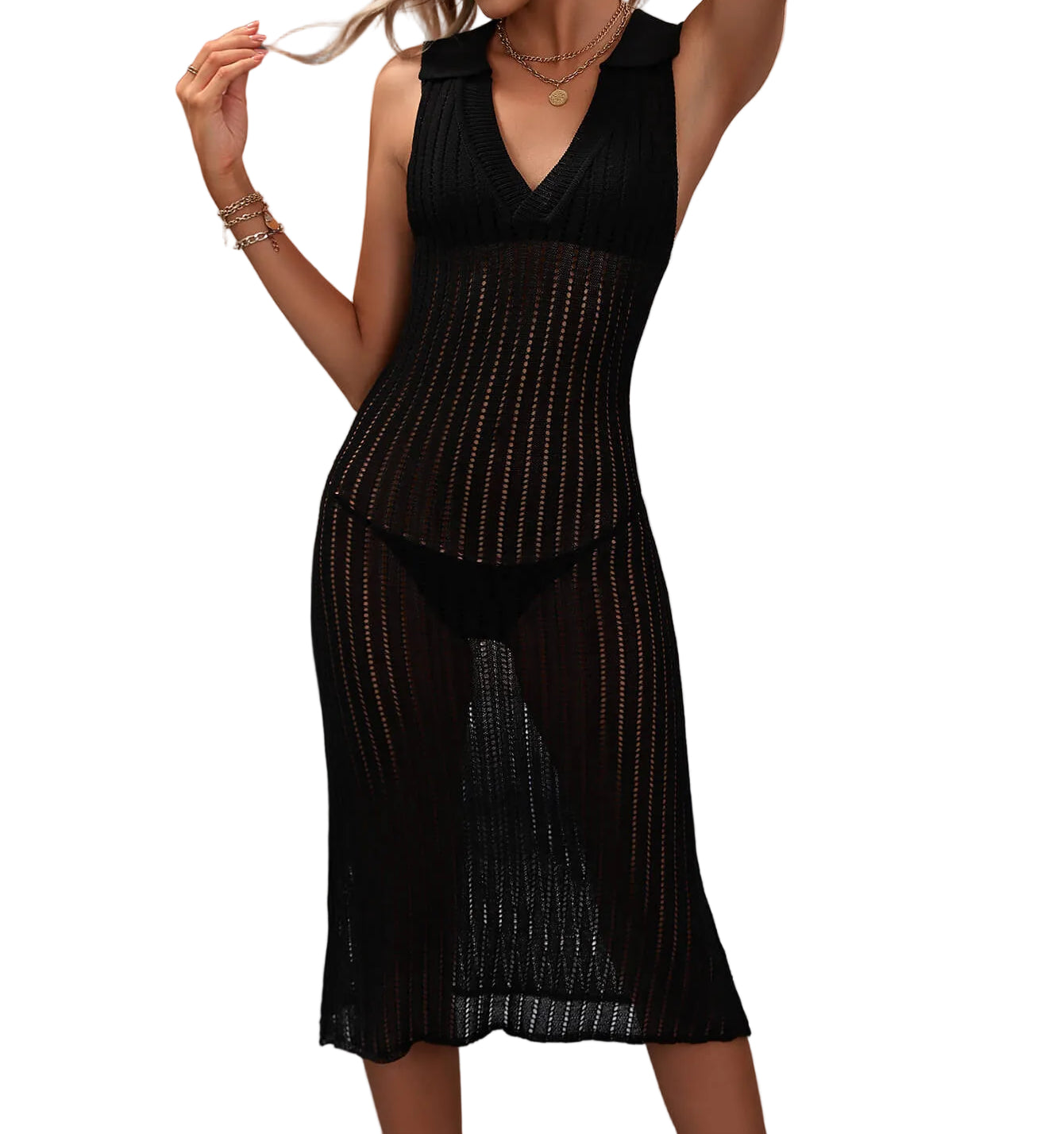 Openwork Knit Swimwear Johnny Collar Sleeveless Bodycon Cover-Up Midi Dress