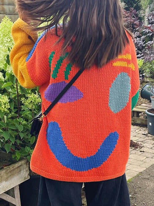 Knit Smiley Face Color Contrast Abstract Long Sleeve Oversized Pullover Sweater Top