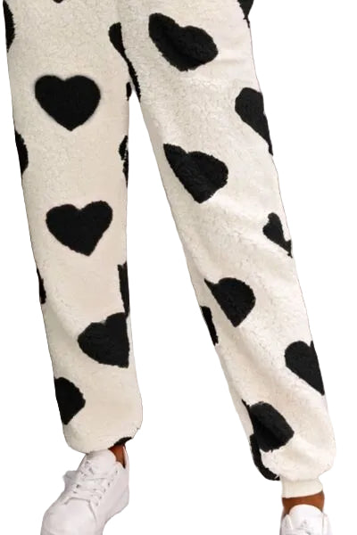 Fuzzy Sherpa Heart Hooded Zip-Up Teddy Sherpa One-Piece Loungewear Jumpsuit