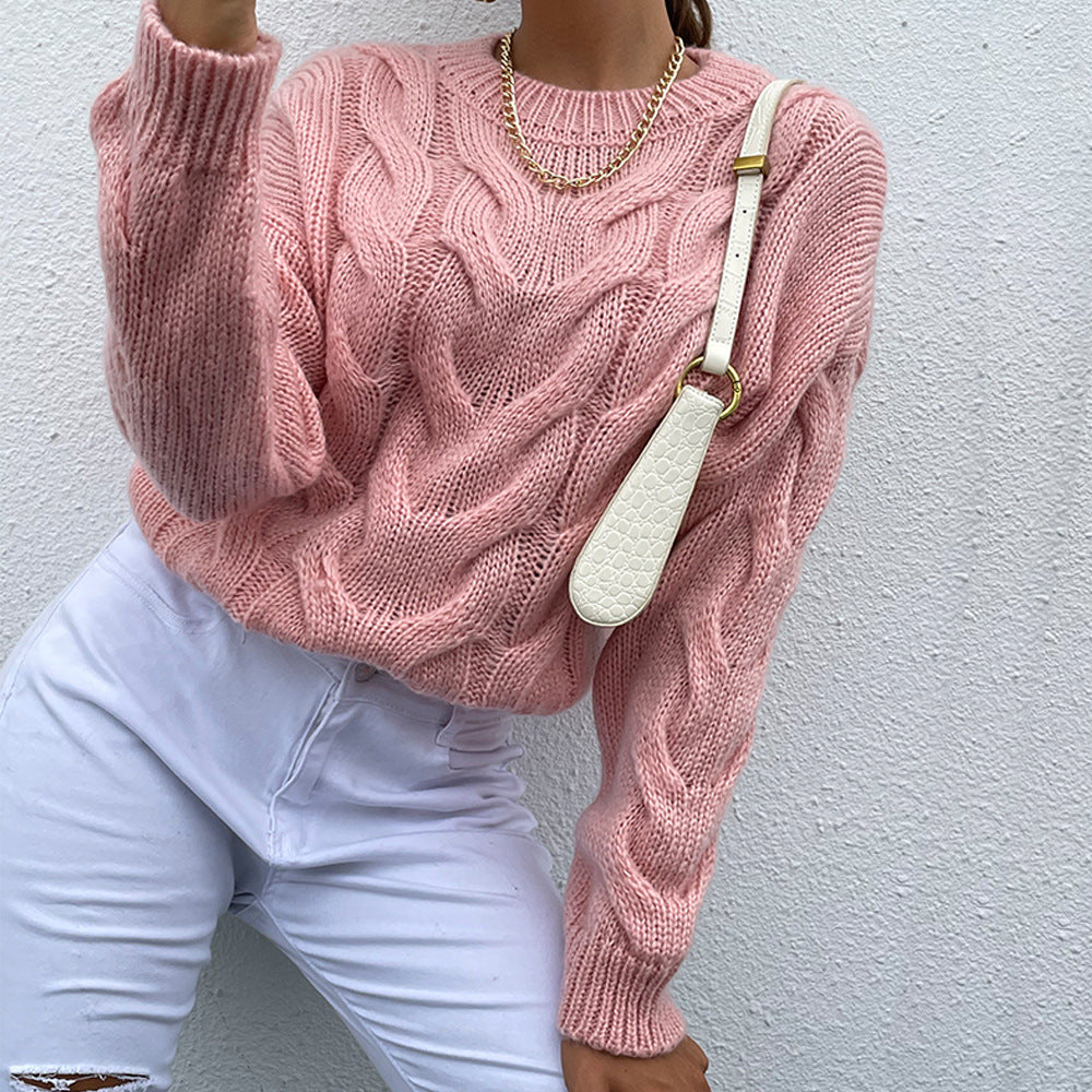 Cable-Knit Classic Long Sleeve Fall Winter Sweater Round Neck Top