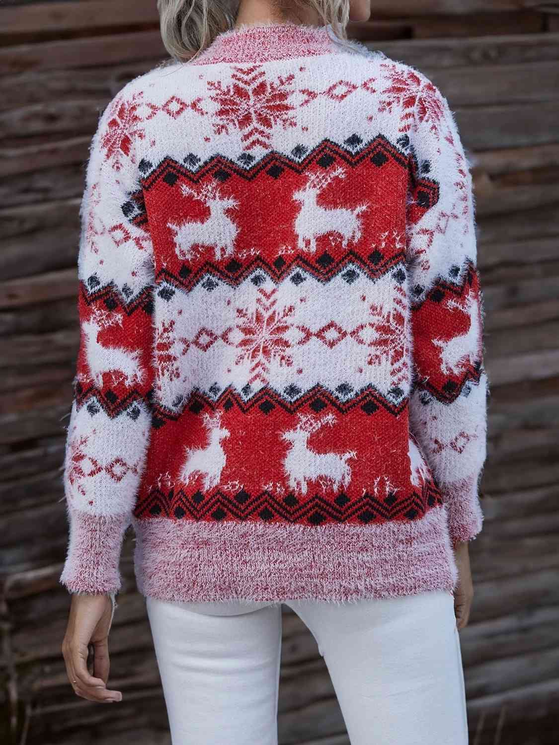 Fuzzy Fair Isle Snowflake Reindeer Knit Holiday Round Neck Minimalist Sweater