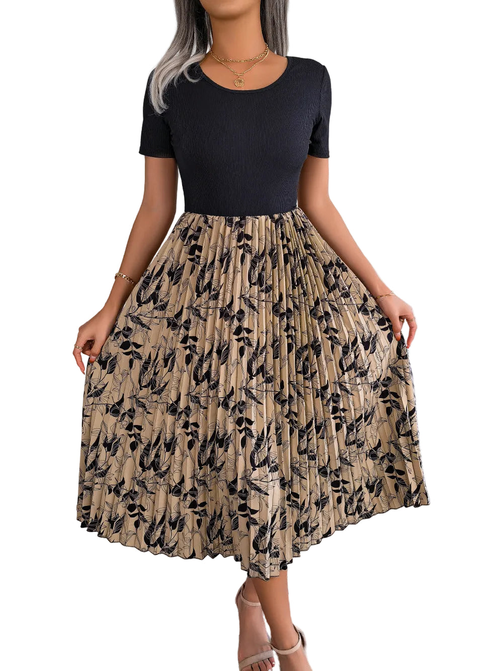 Floral Accordion Pleated Midi Dress Round Neck Short Sleeve Flowing Colorblock A-Line