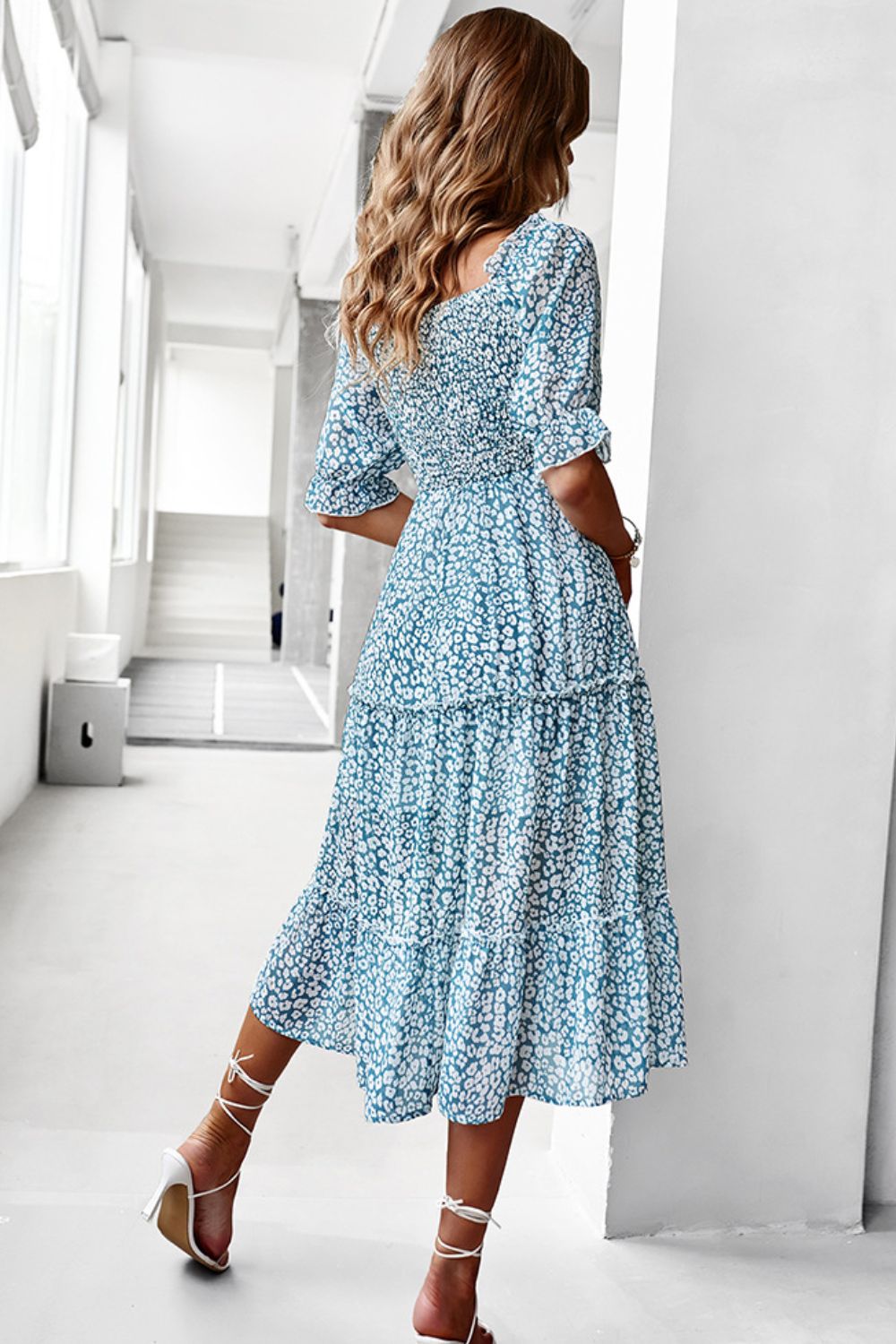 Pastel Ditsy Floral Midi Off-Shoulder Smocked Dress