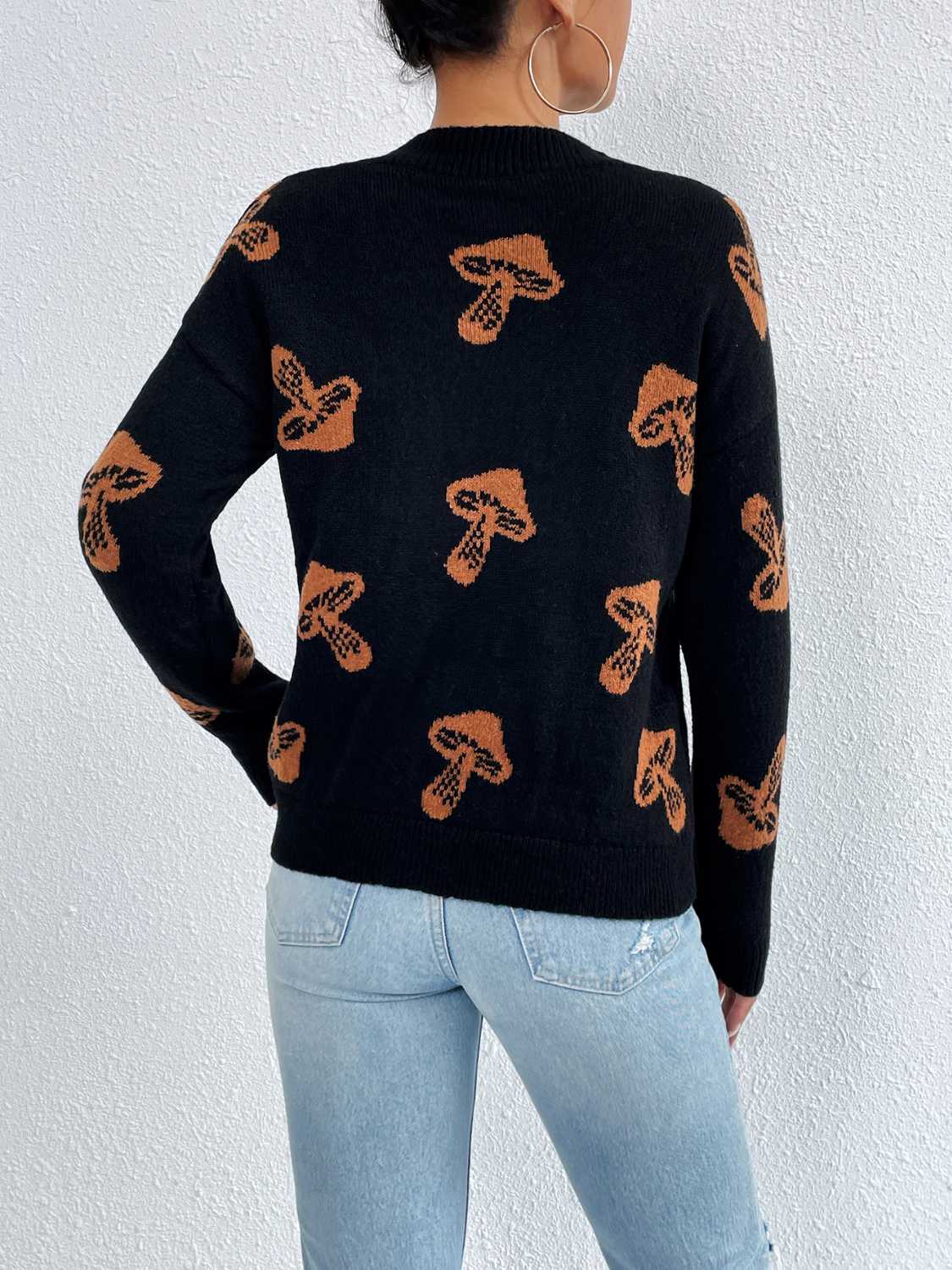 Unique Print Knit Pullover Celestial Mushroom Skull Yin Yang Sweater Shirt