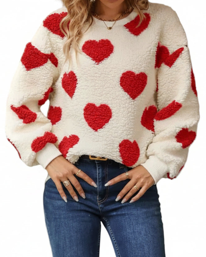 Fuzzy Teddy Sherpa Contrast Heart Crew Neck Top Long Sleeve Pullover Sweatshirt