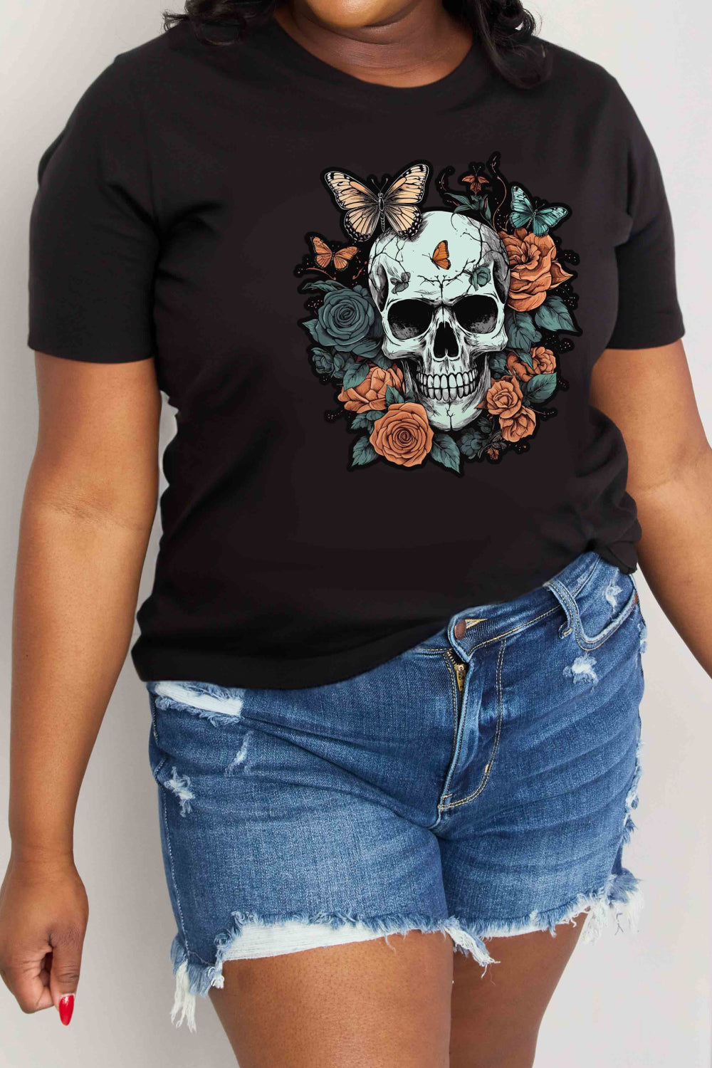 Rose Skull Butterfly Tattoo Graphic 100% Cotton T-Shirt (Plus Size Available)