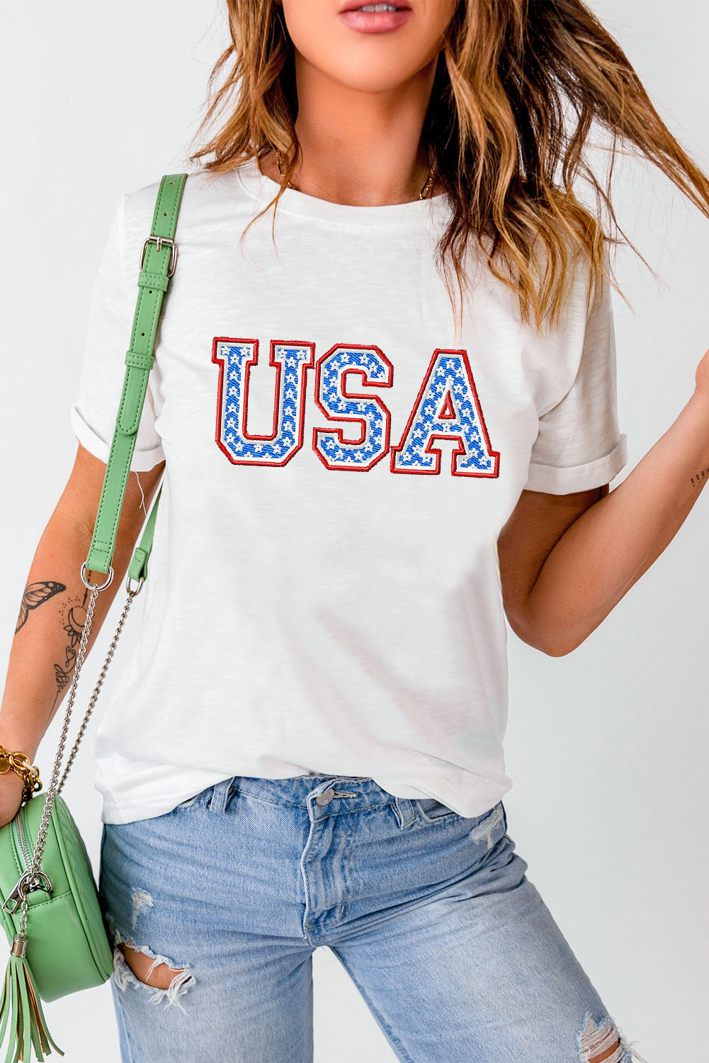 Embroidered USA Patriotic Top Cuffed Short Sleeve T-Shirt