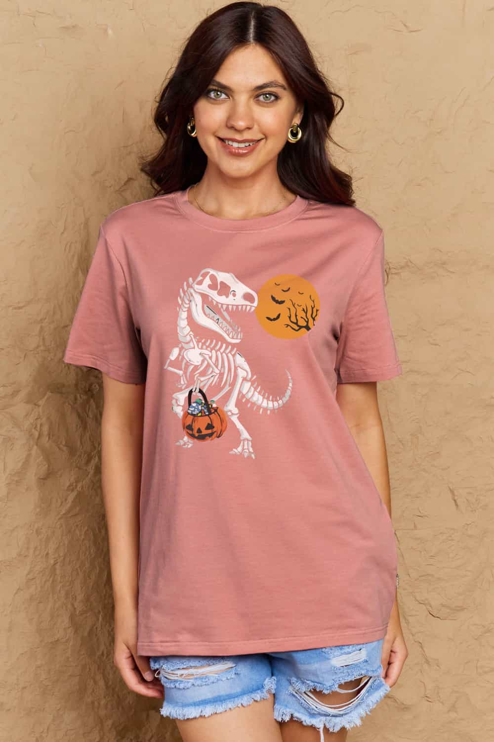 T-Rex Skeleton Trick or Treating Dinosaur Funny Graphic Tee Shirt Halloween Top