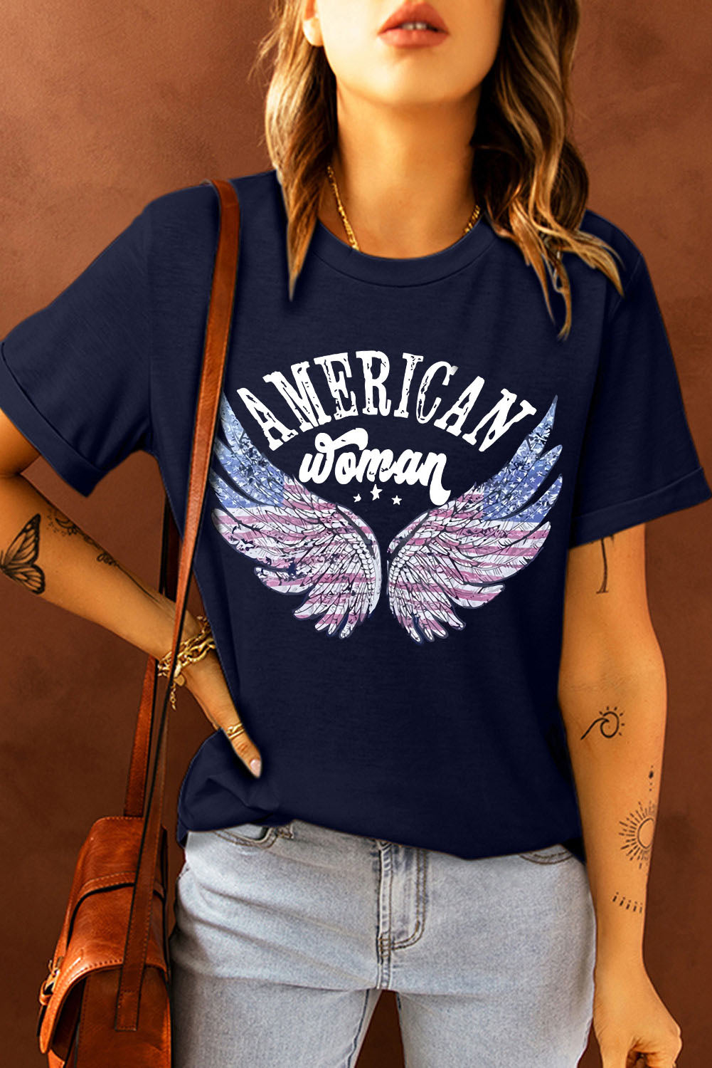 Angel Wing AMERICAN WOMAN Graphic Top Cuffed Short Sleeve Tee Shirt