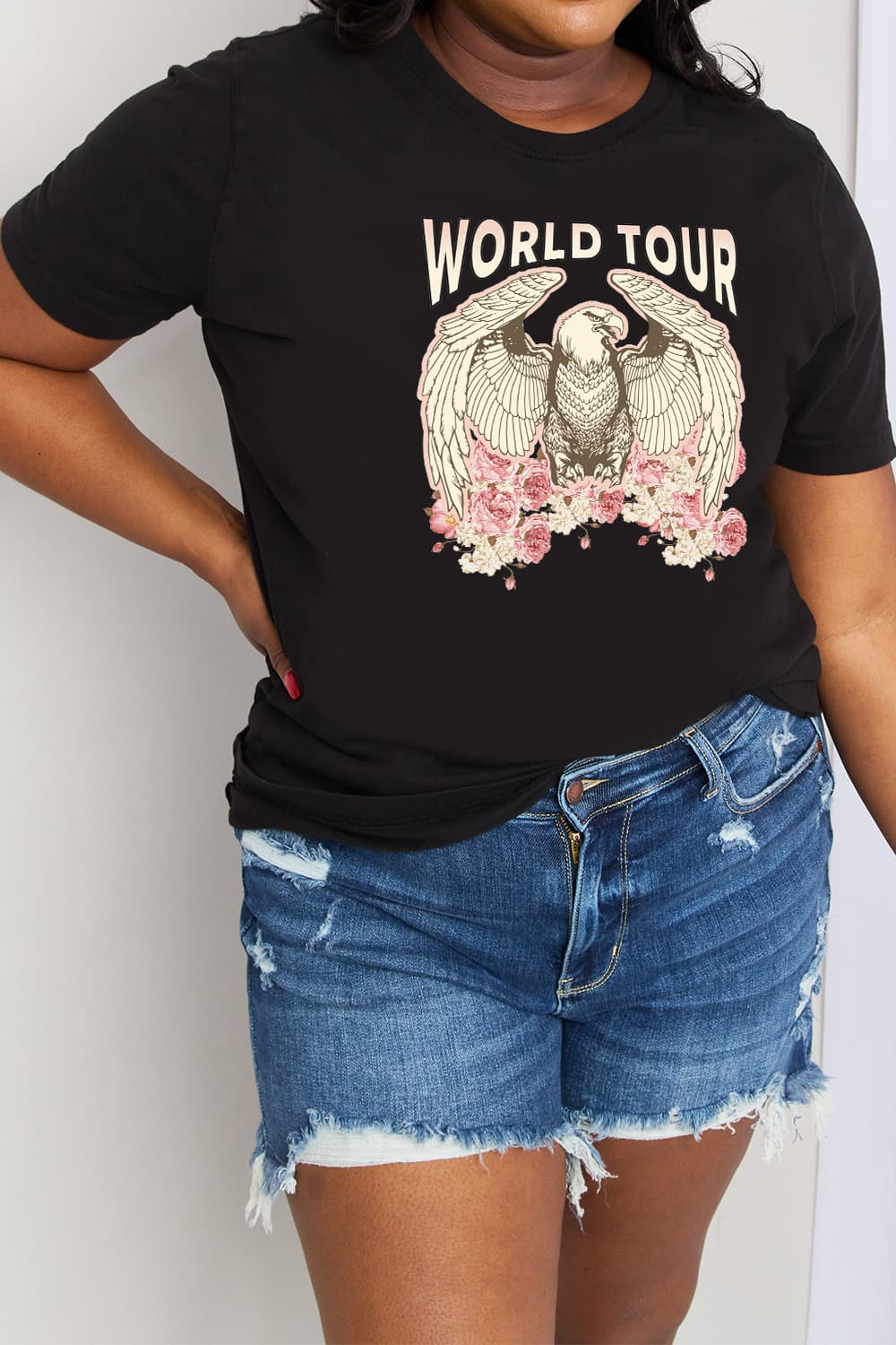 WORLD TOUR Roses American Eagle Graphic 100% Cotton Tee Shirt (Plus Size Available)