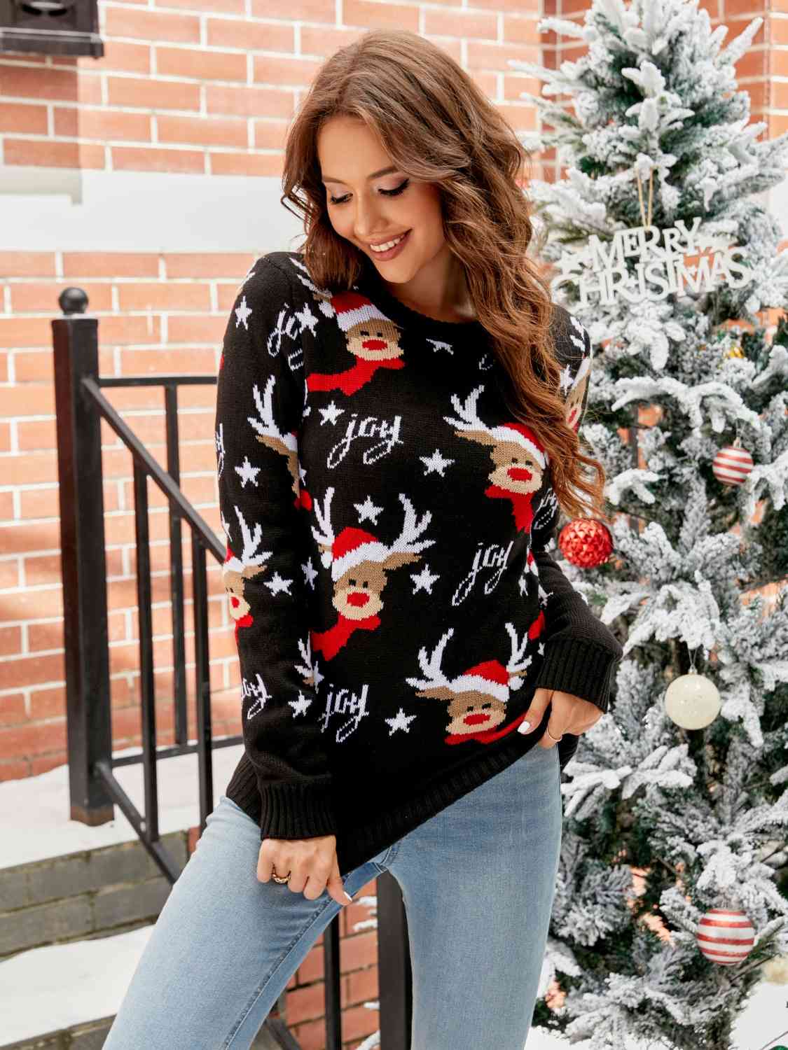 Knit Santa Reindeer Joy Round Neck Winter Holiday Classic Long Sleeve Sweater