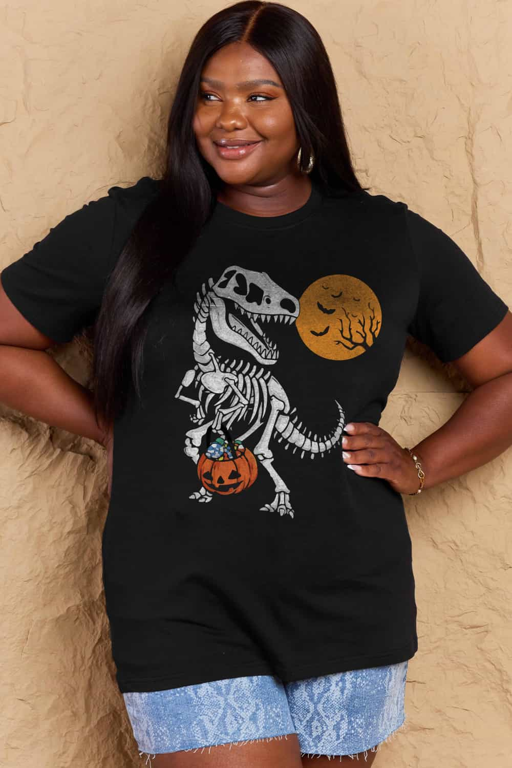 T-Rex Skeleton Trick or Treating Dinosaur Funny Graphic Tee Shirt Halloween Top