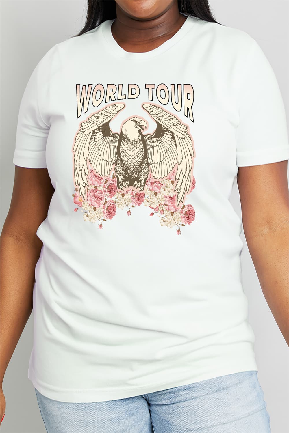 WORLD TOUR Roses American Eagle Graphic 100% Cotton Tee Shirt (Plus Size Available)