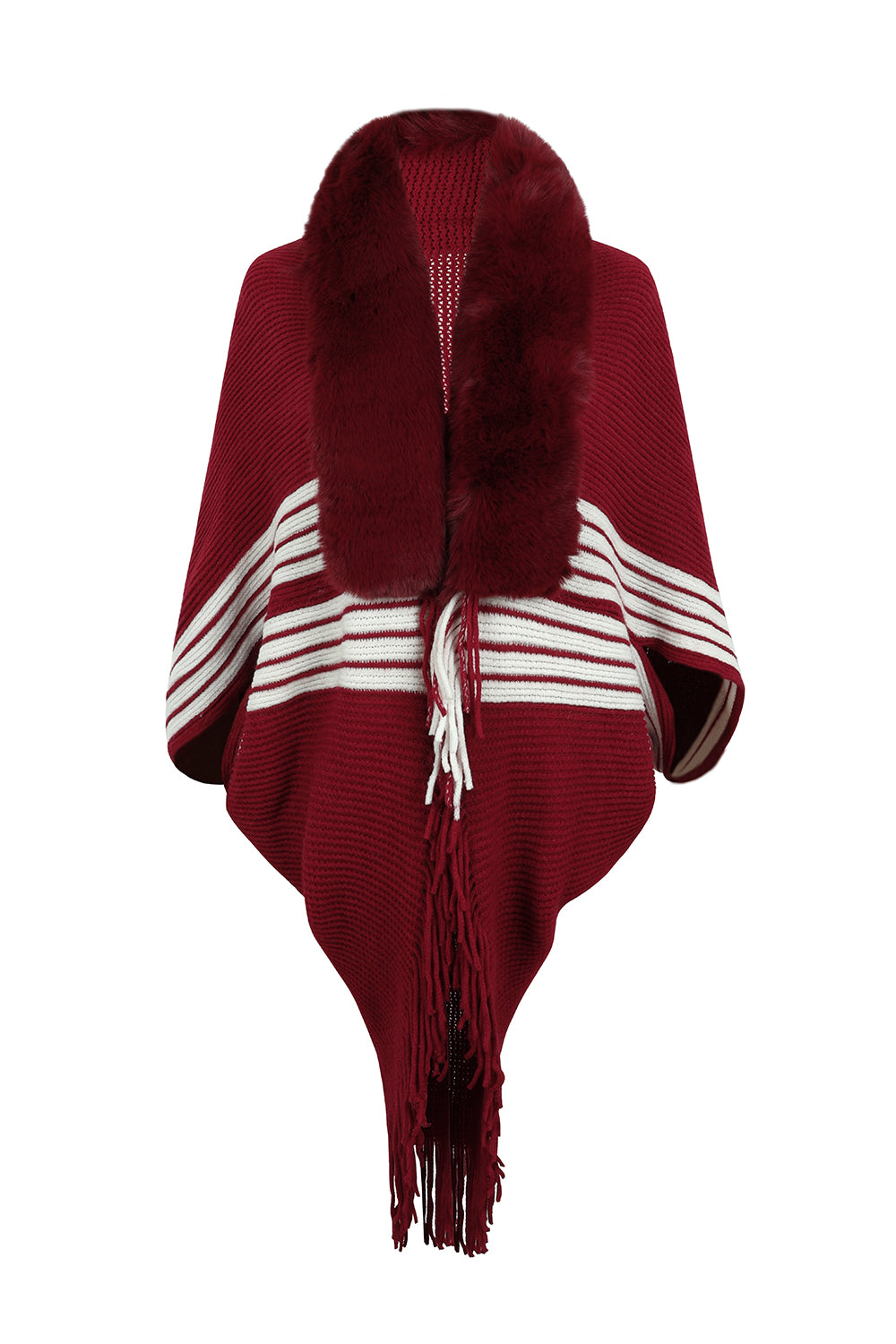 Faux Fur Fringe Hem Oversized Knit Stripe Cardigan Poncho