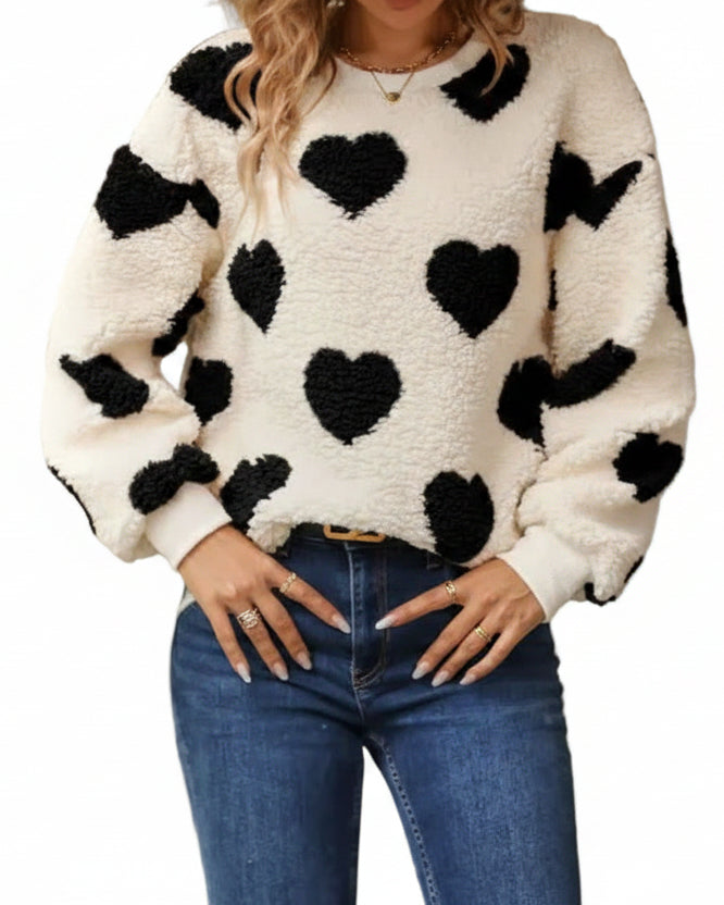 Fuzzy Teddy Sherpa Contrast Heart Crew Neck Top Long Sleeve Pullover Sweatshirt