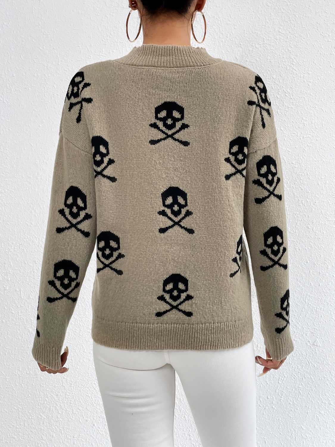 Unique Print Knit Pullover Celestial Mushroom Skull Yin Yang Sweater Shirt