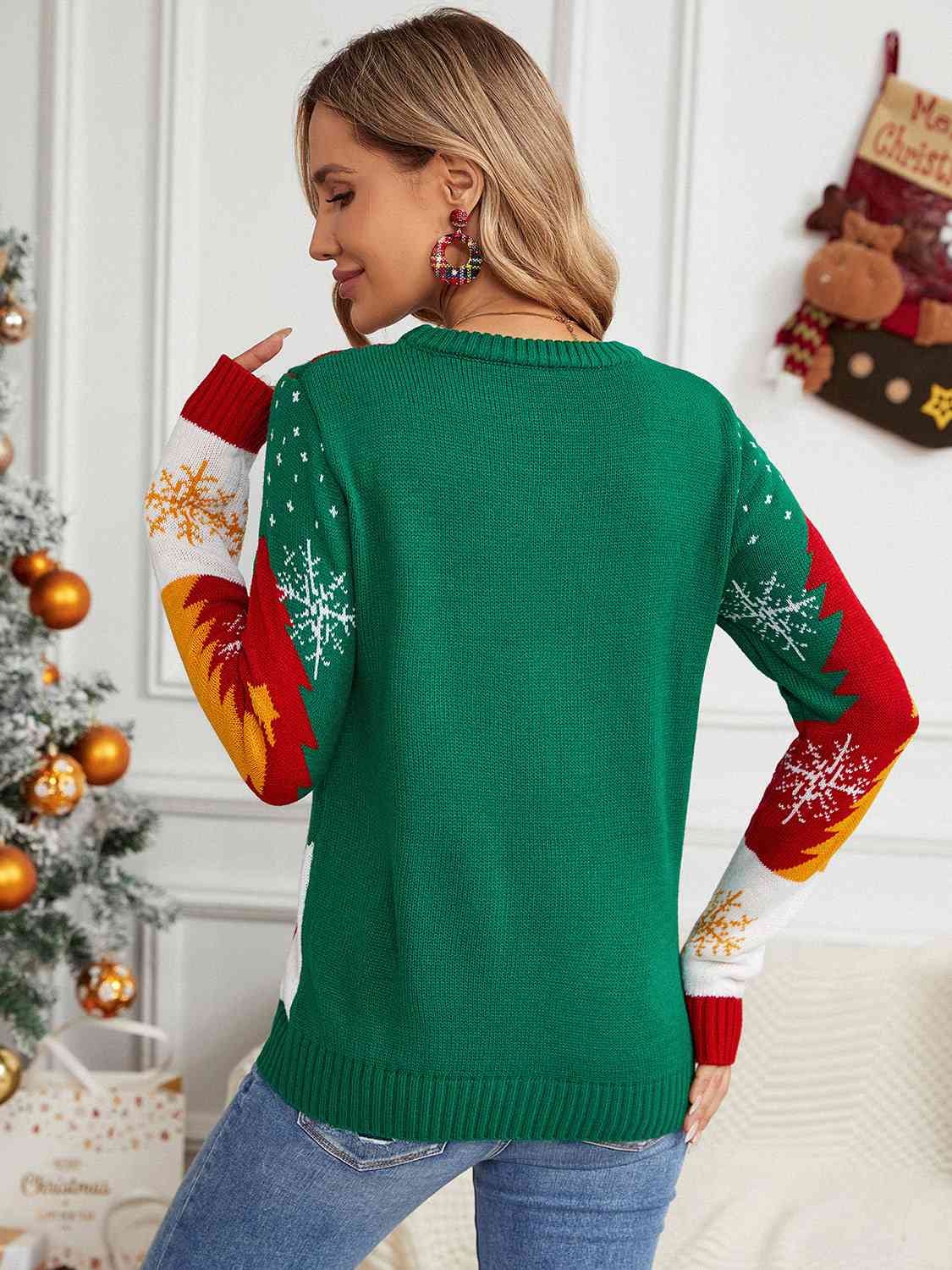 Don't Stop Believin' Santa Claus Knit Round Neck Bold PomPom Holiday Sweater Top