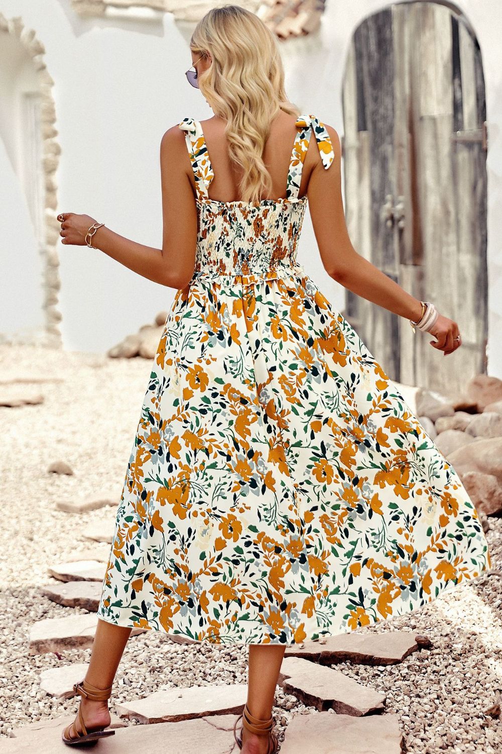 Colorful Bright Print Smocked Bodice Tie Shoulder Summer Midi Dress (5 colors Available)