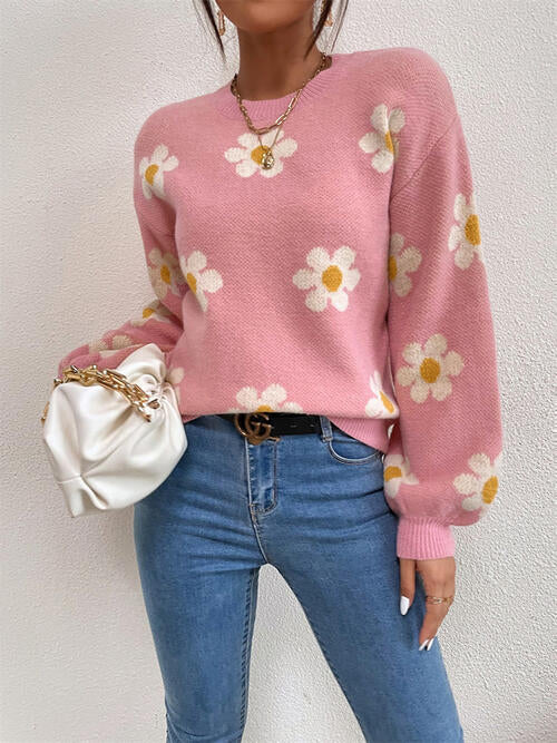 Daisy Retro Flower Knit Pullover Classic Long Lantern Sleeve Sweater Shirt