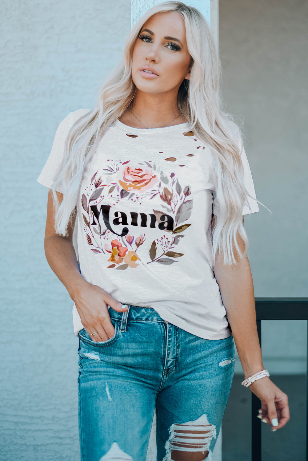 Distressed Cutout MAMA Floral Graphic Tee Shirt (Plus Size Available)