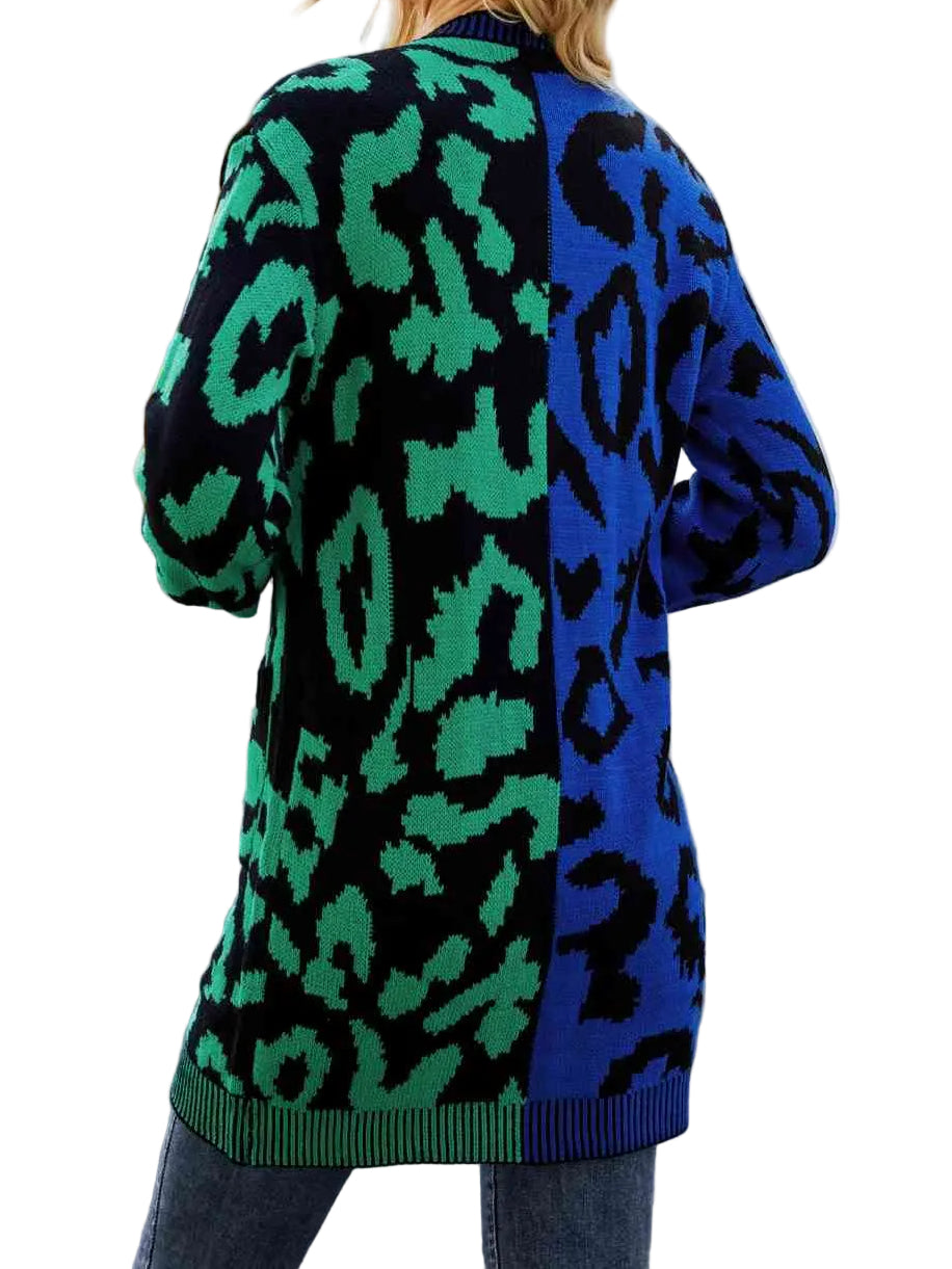 Colorblock Leopard Print Longline Button Front Long Sleeve Oversized Cardigan