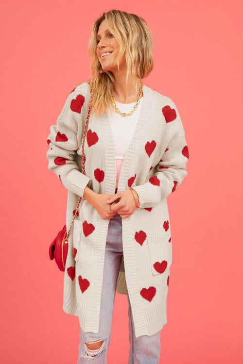 Red Heart Long Knit Open Front Longline Pocket Casual Sweater Cardigan