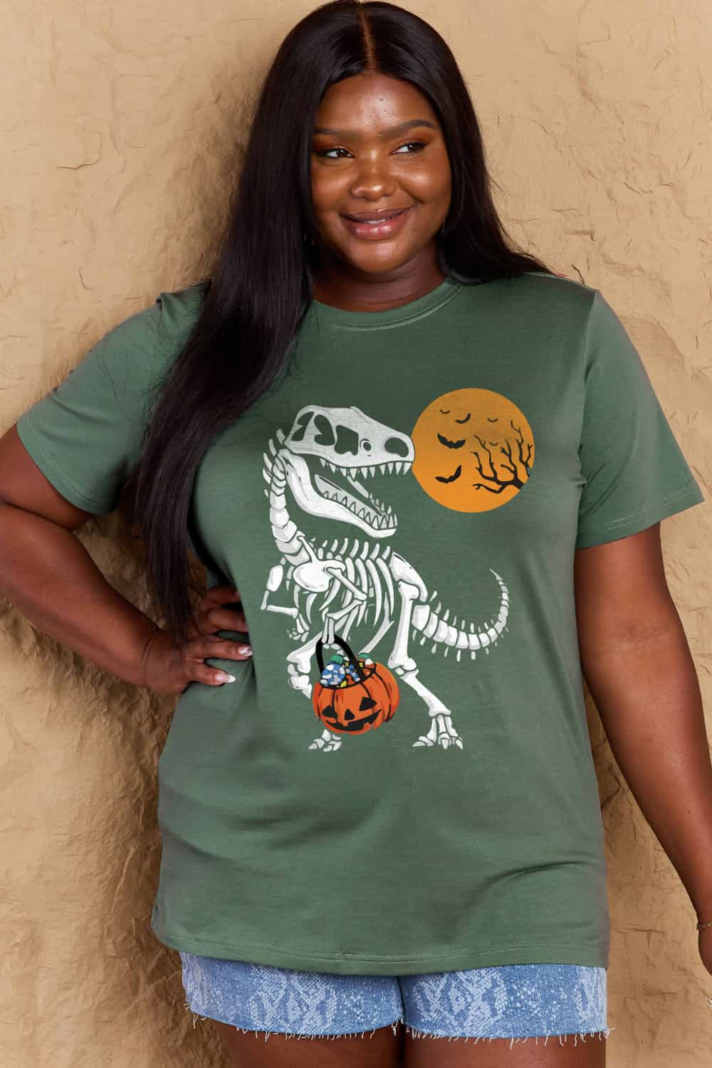 T-Rex Skeleton Trick or Treating Dinosaur Funny Graphic Tee Shirt Halloween Top