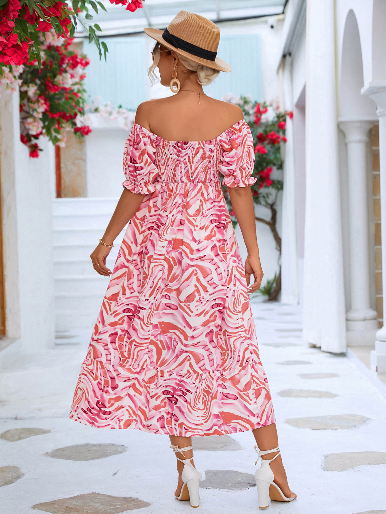 Off The Shoulder Smocked Bodice Flowing Midi Summer Dress